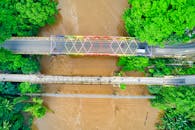 从空中俯瞰，印度尼西亚坦格朗河上五彩缤纷的桥梁，四周环绕着郁郁葱葱的绿色植物，充满活力