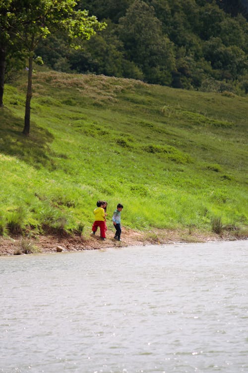 Two children are playing in the water near a lake