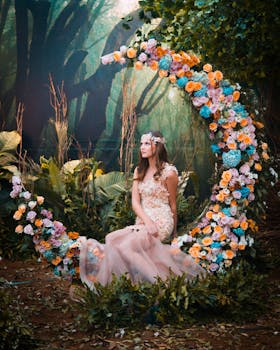 一位身着花裙的女子在五彩缤纷的鲜花和郁郁葱葱的绿植间摆好姿势，营造出梦幻般的场景