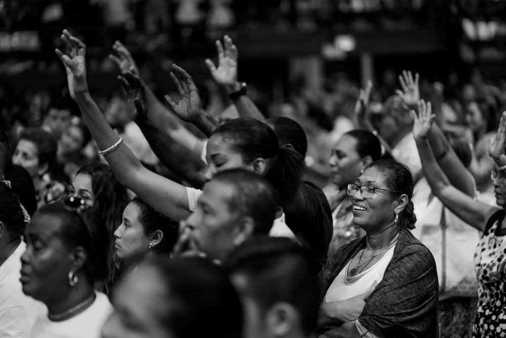 Black and white photograph of a crowd at an event
