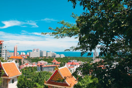 晴朗的蓝天下，一座充满活力的城市景观展示着现代建筑与传统屋顶