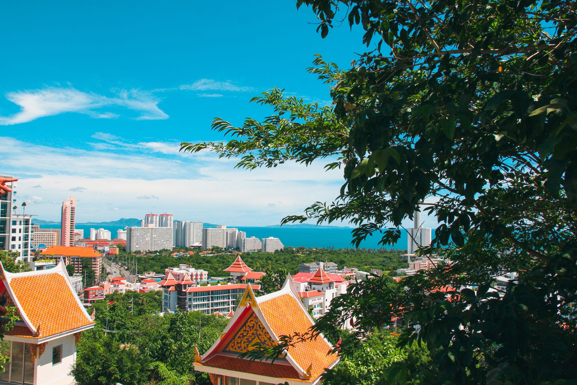 A vibrant urban landscape showcasing modern buildings and traditional rooftops under a clear blue sky.