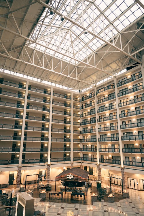 The atrium of a hotel with a large skylight