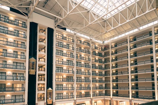 Spacious interior atrium of a luxury hotel with balconies and elevators in Austin.