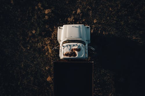 An aerial view of a white truck with a dog inside