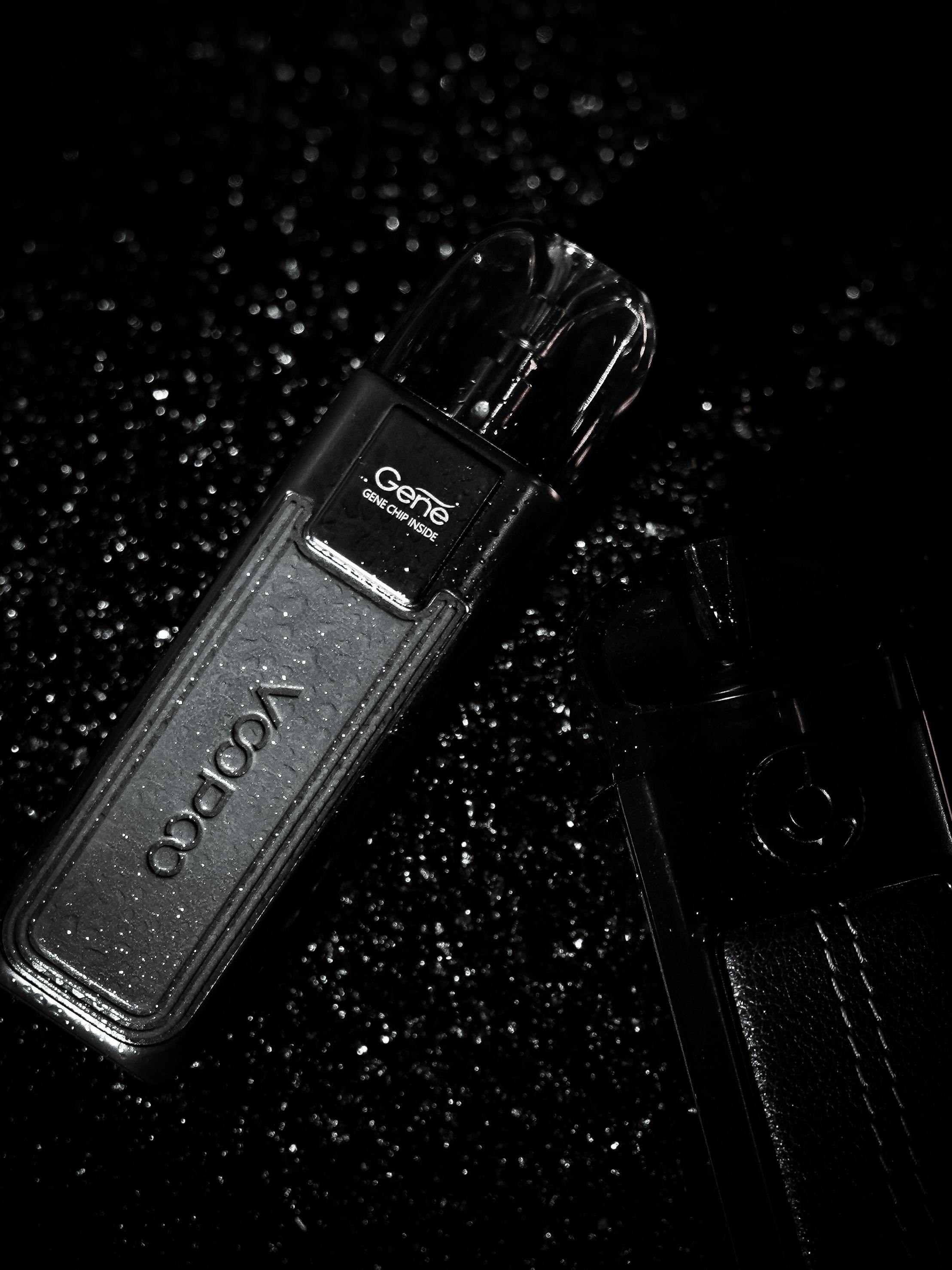 black and white photo of vape in leather case