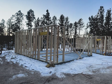 Wooden frames of a house under construction on a snowy winter morning in Custer, SD.