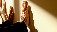 不同年龄段的手触摸着阳光明媚的墙壁，象征着代际之间的联系