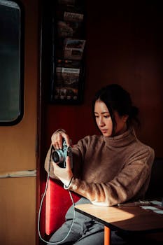 A young woman examines her camera in a cozy train compartment, capturing a serene travel moment.