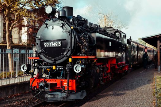 A classic steam train at Oybin station, capturing the charm of historic railway travel.