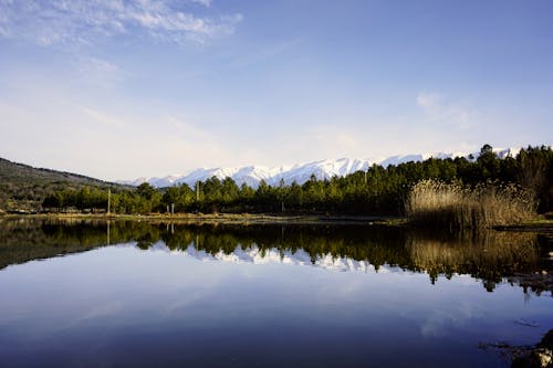 A lake with mountains in the background