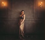 这是一幅精致的肖像，描绘了一位穿着优雅晚礼服的女子，拍摄于奢华的室内环境