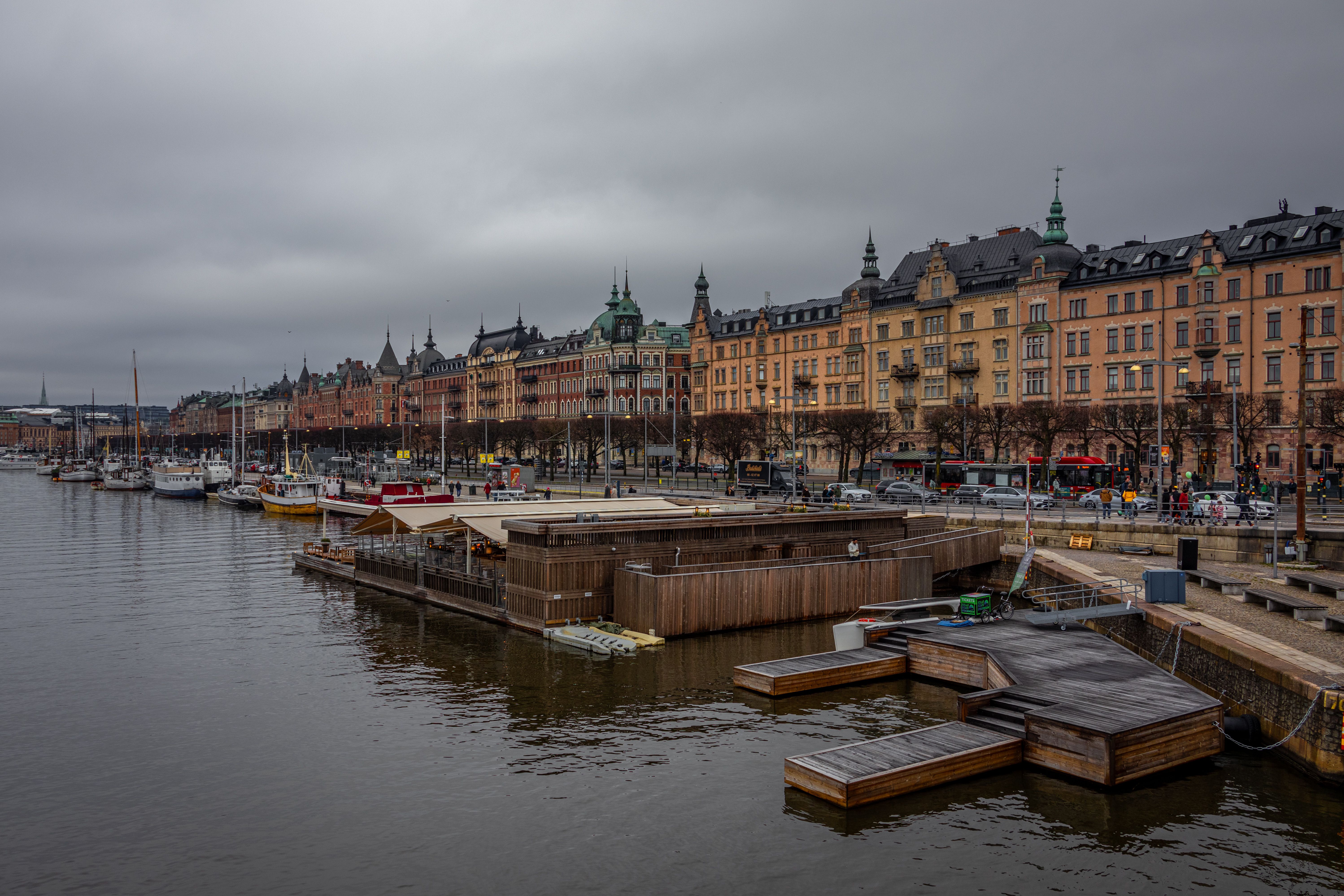 Explore the elegant architecture and moored vessels along Stockholm's iconic Strandvägen.
