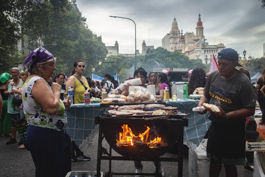 Vibrant scene of a street food festival in Buenos Aires, Argentina, with diverse people enjoying barbecue.