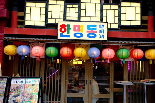A vibrant Tokyo restaurant entrance with colorful lanterns and signage.