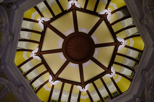 The ceiling of a building with a circular design