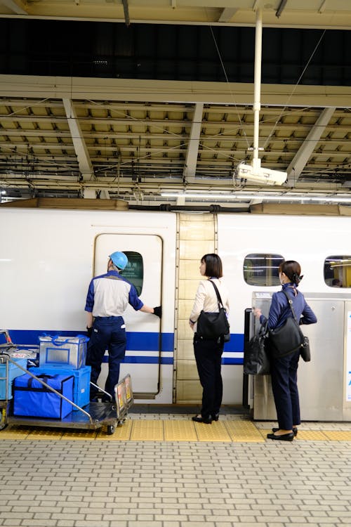 People standing near a train with luggage
