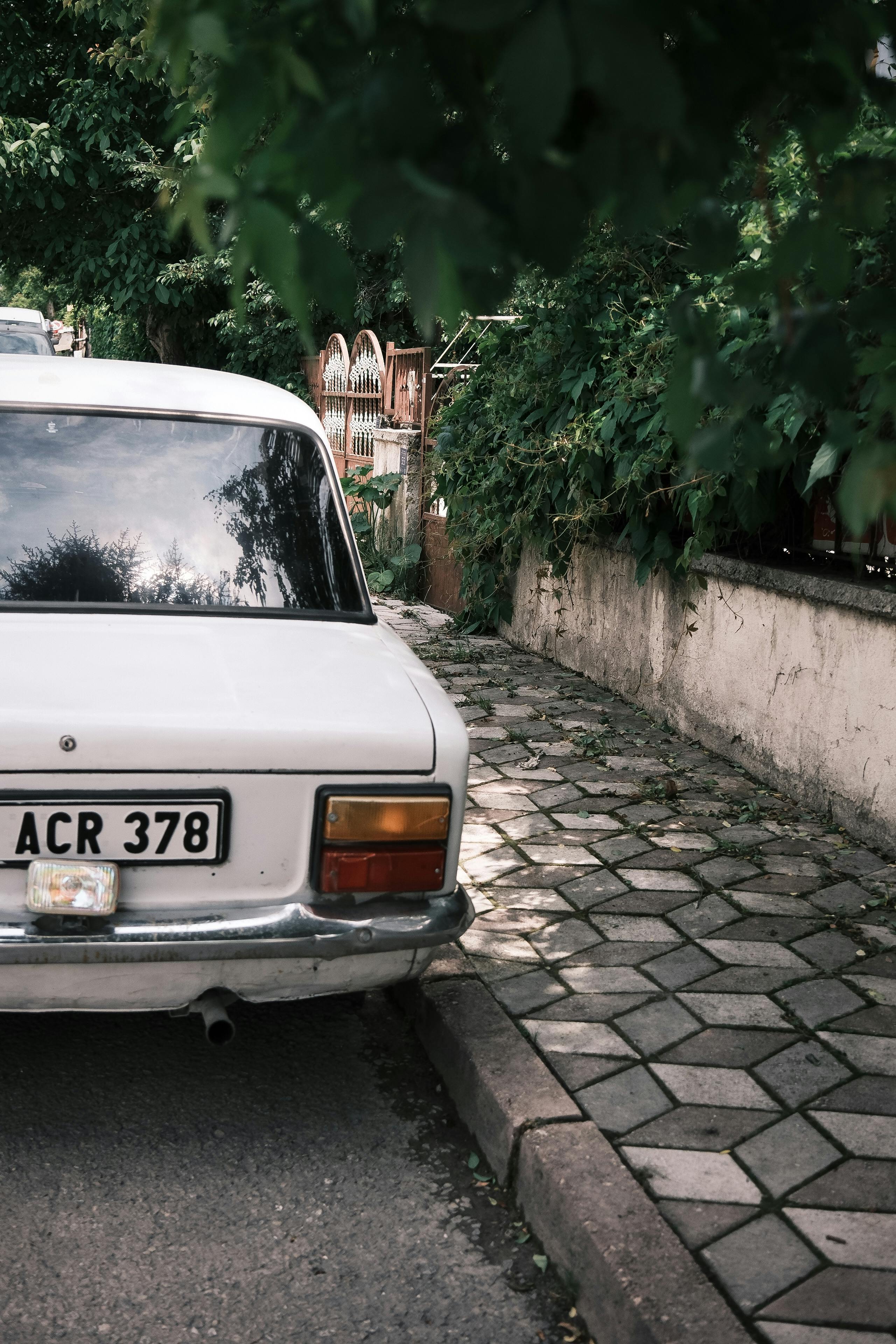 Back view of a vintage white car parked on a leafy sidewalk, capturing retro vibes.