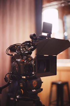Close-up of a professional video camera with accessories indoors in a studio setting.