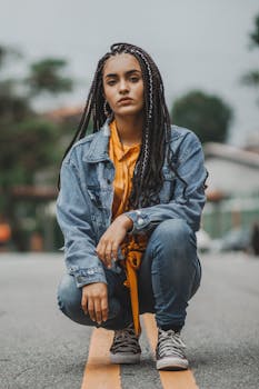 一位梳着辫子的时尚女性，身穿休闲牛仔装，自信地蹲在城市街道上