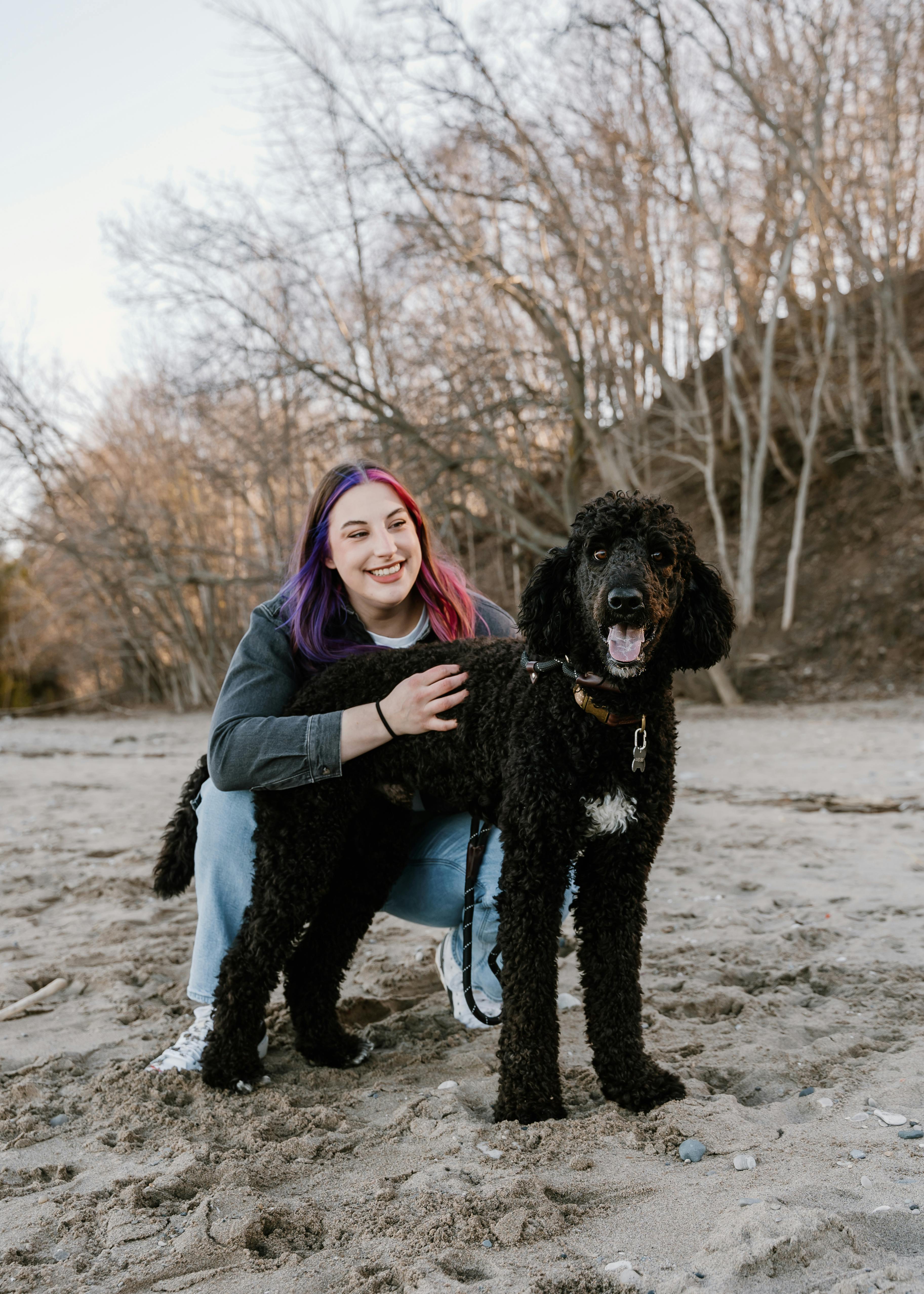 young woman crouching on a beach with her black poodle