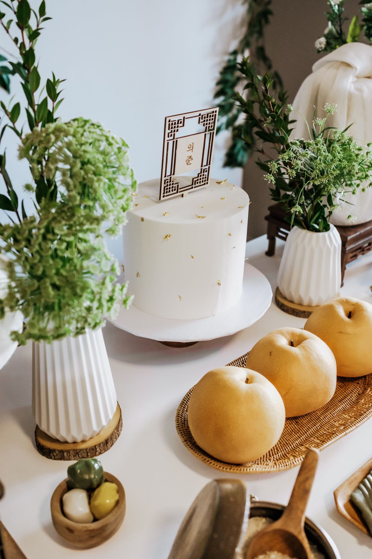 Cake served on a table with fresh pears