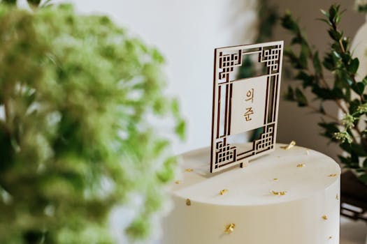 A beautifully decorated cake with floral accents and Korean text, perfect for celebrations.