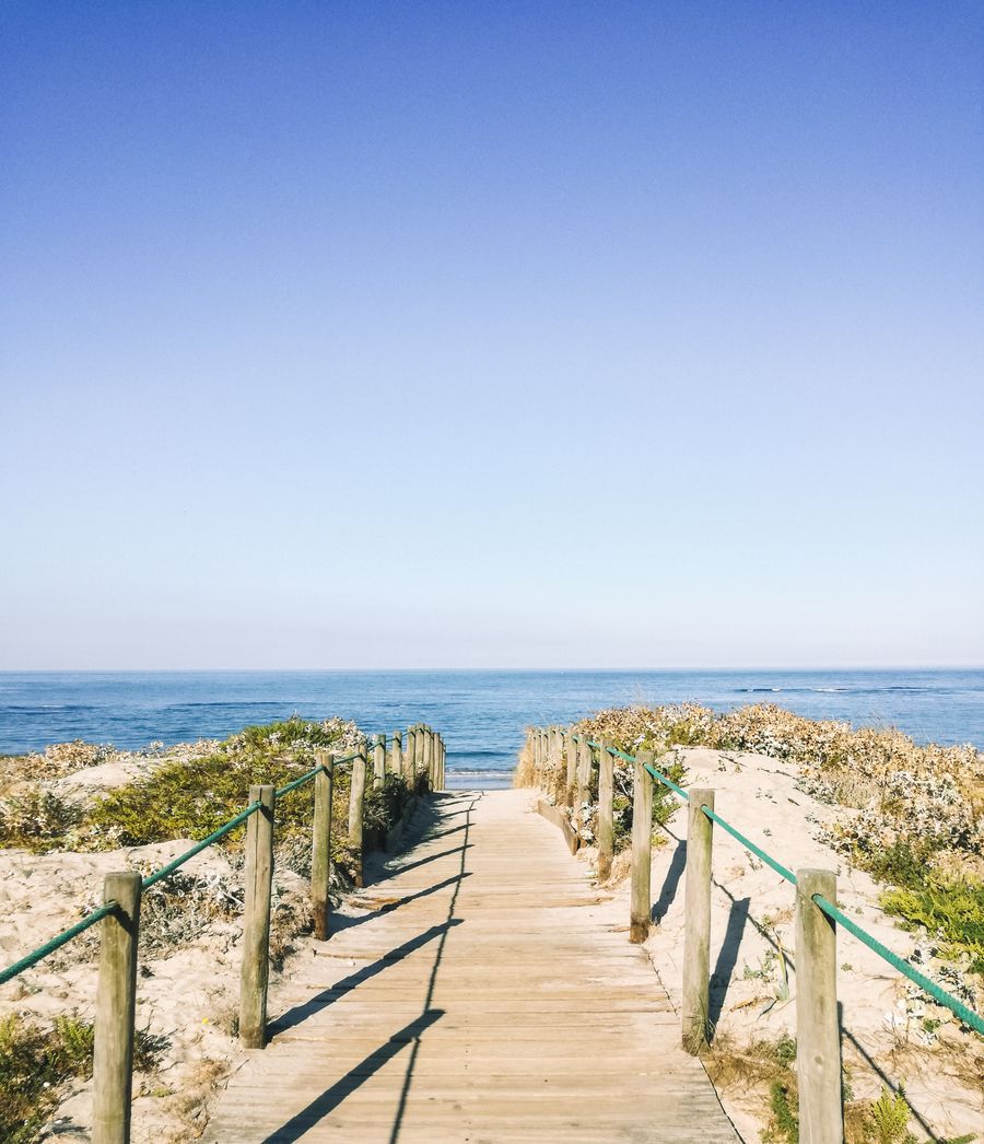 Wooden boardwalk leading over the dunes to the beach