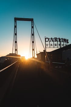 达令港大桥的日落轮廓戏剧性地展示出鲜艳的色彩