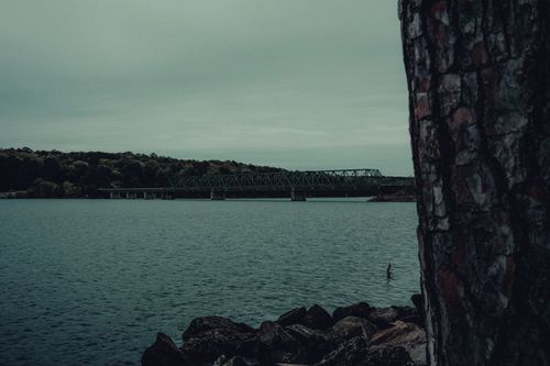 Free A moody landscape featuring a green steel bridge spanning over a calm river surrounded by lush forest. Stock Photo