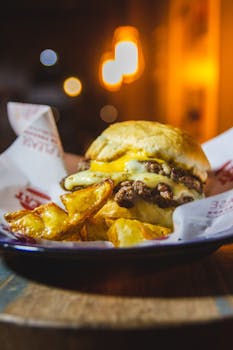 特写镜头中，舒适的餐厅环境里，令人垂涎的芝士汉堡配着酥脆的薯条