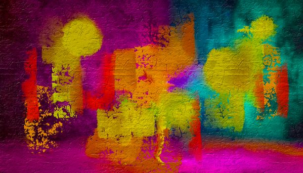Dynamic abstract art with vibrant, multi-colored textured paint strokes creating a lively pattern.