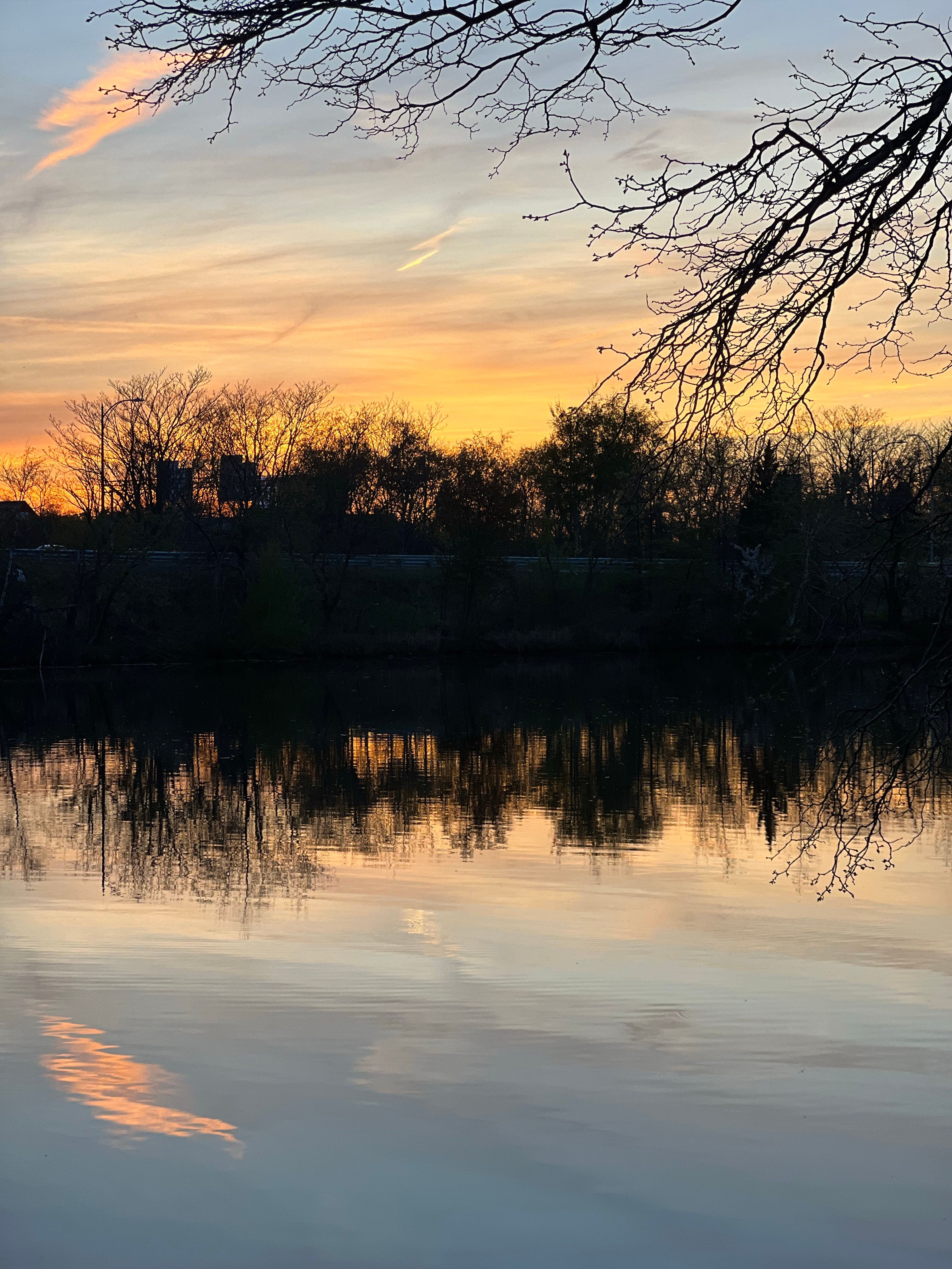 A sunset reflecting on the water in a park · Free Stock Photo