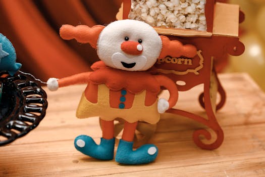木桌上放着带有爆米花架的充满活力的小丑娃娃玩具，非常适合派对装饰
