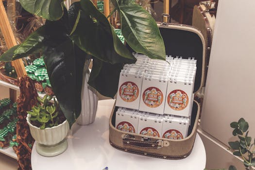 桌上复古手提箱里放着笔记本，室内植物优雅地排列着