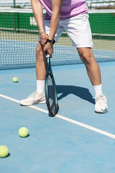 Man in sportswear holding a racket, ready to play on a sunny tennis court.