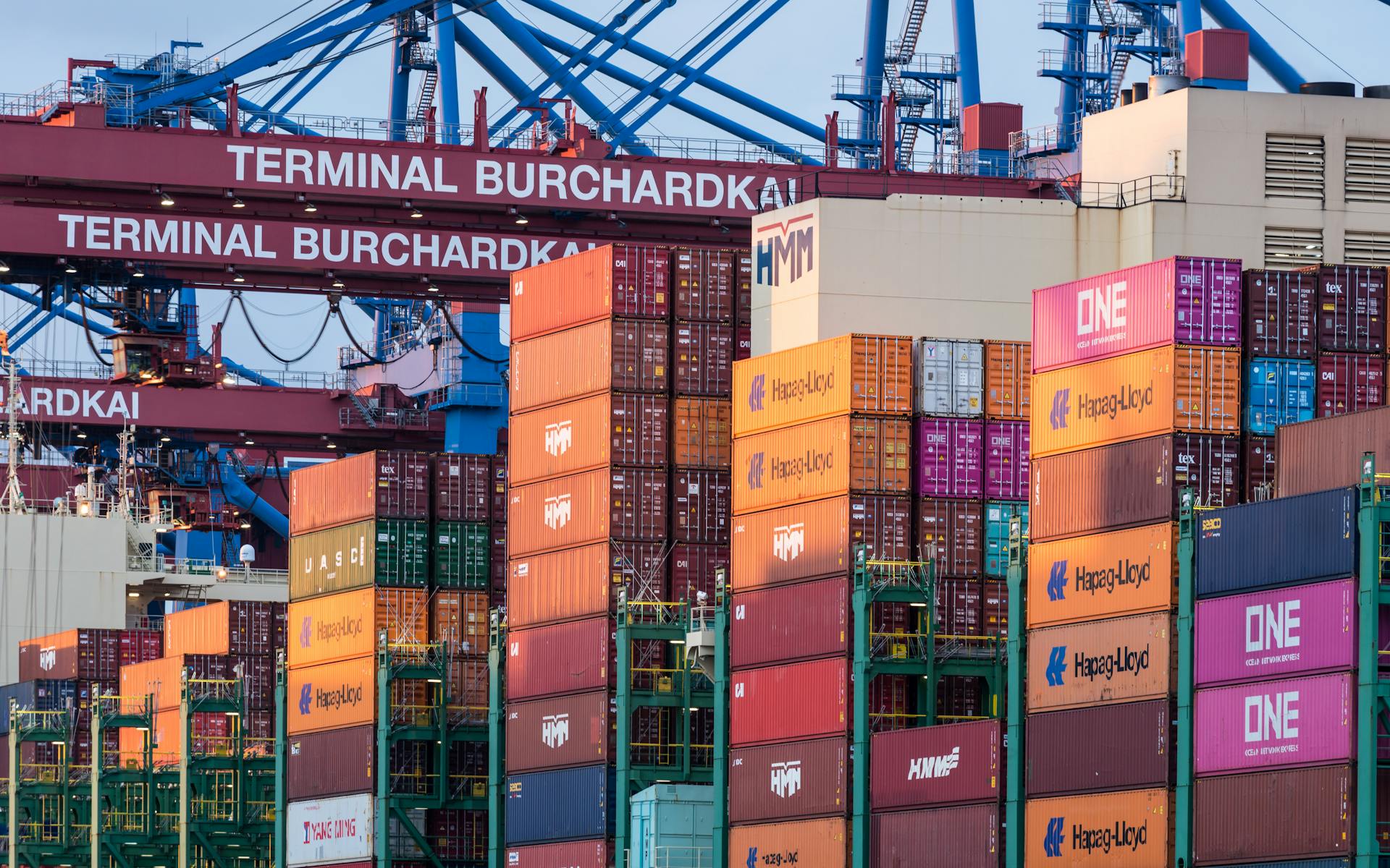 View of Stacks of Containers in the Container Terminal Burchardkai in Hamburg, Germany