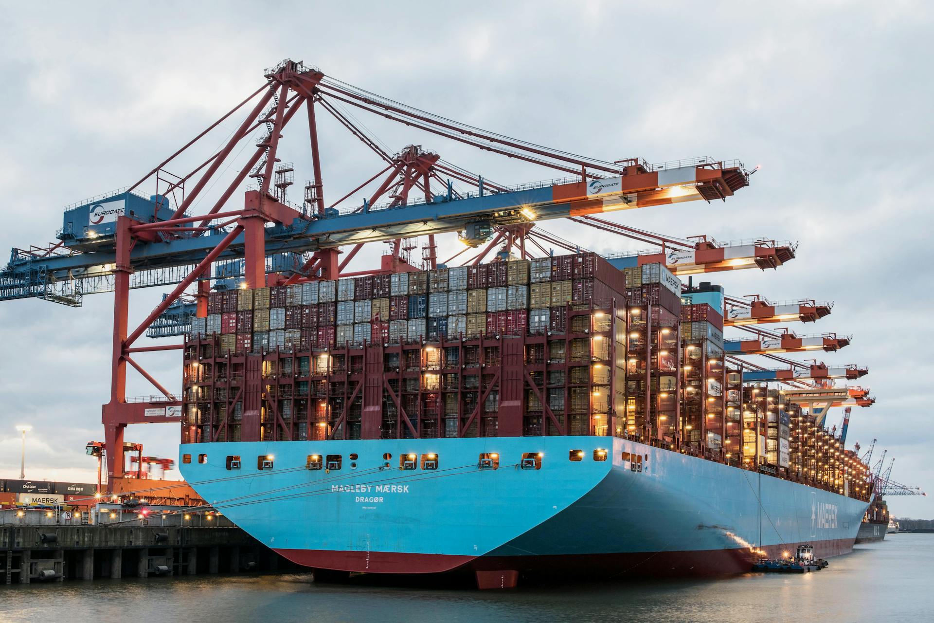 A Loaded Container Ship in the Terminal in Hamburg, Germany