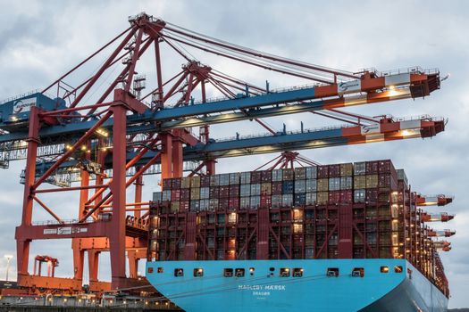 Container ship at Hamburg port with cranes and cargo under cloudy skies.