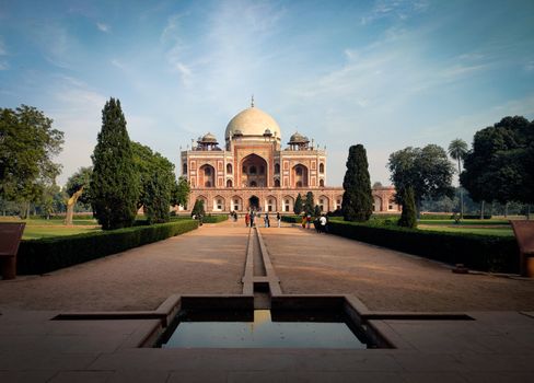 Tourists in the Gardens of Humayuns Tomb in Delhi