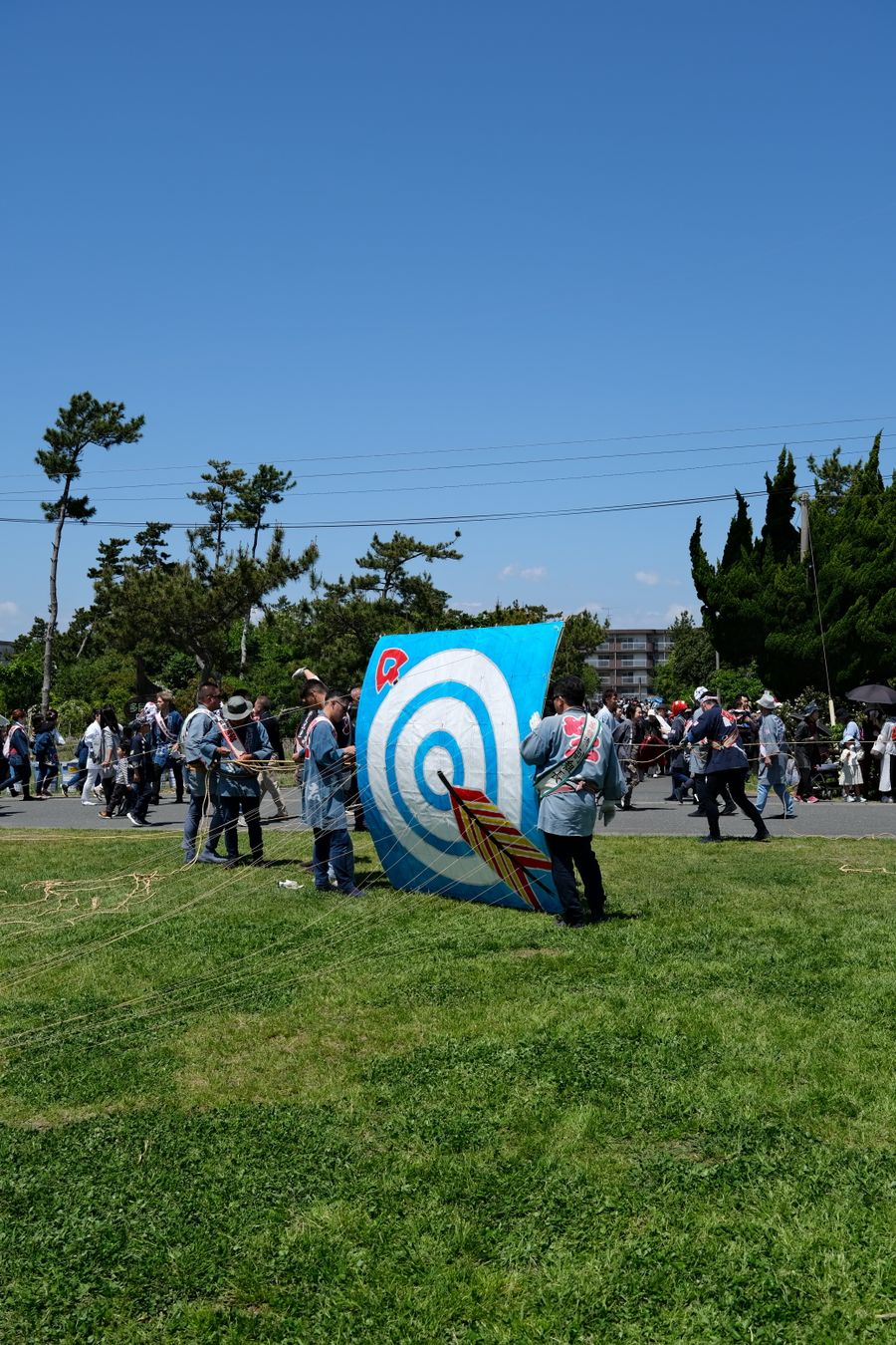 Festival crowd holding a large kite together outdoors