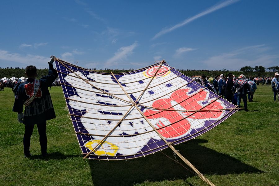 Large premium traditional kite held up at a sunny kite festival