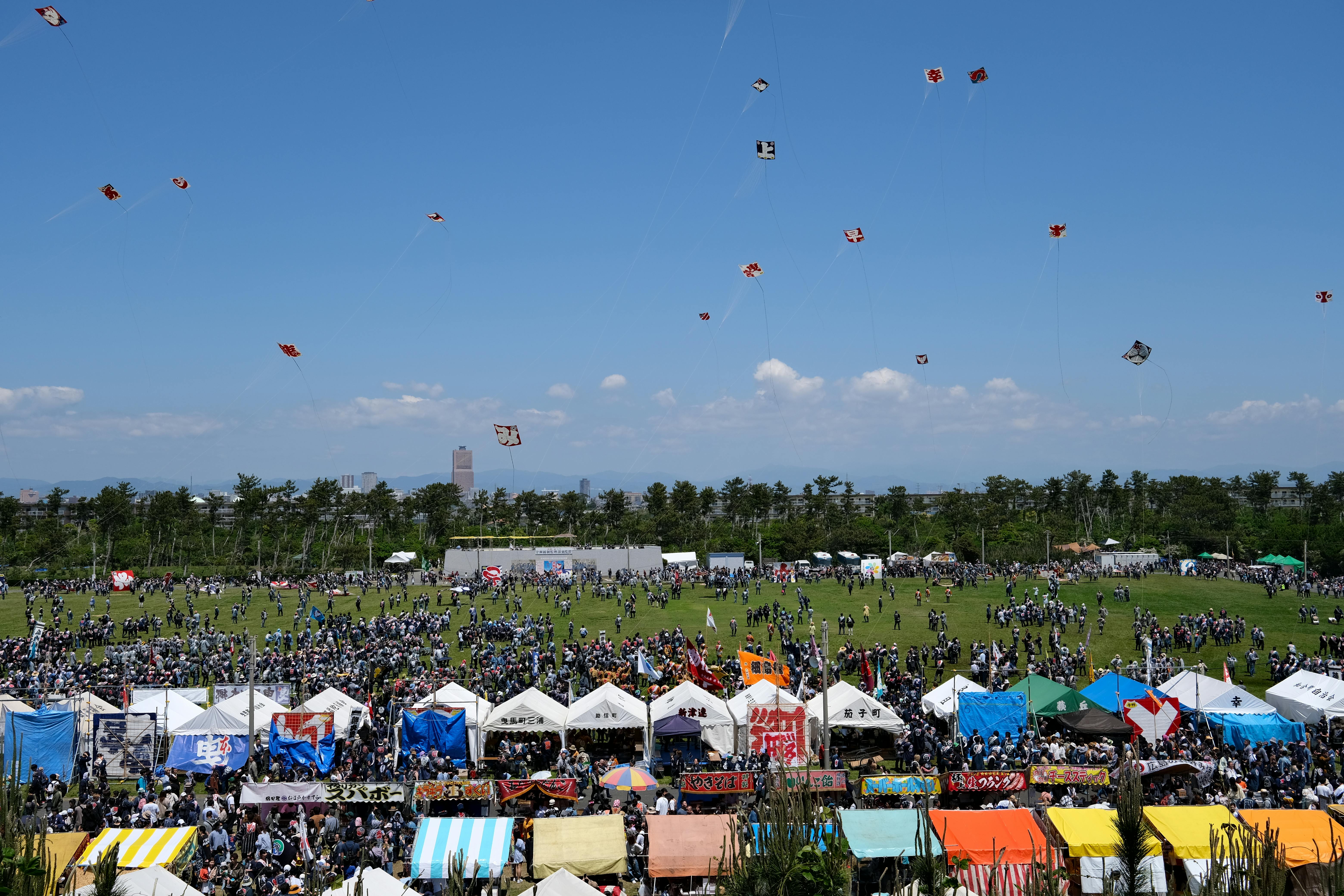 Aerial View of People, Pavilions and Flying Kites at the Hamamatsu Kite Festival in Hamamatsu