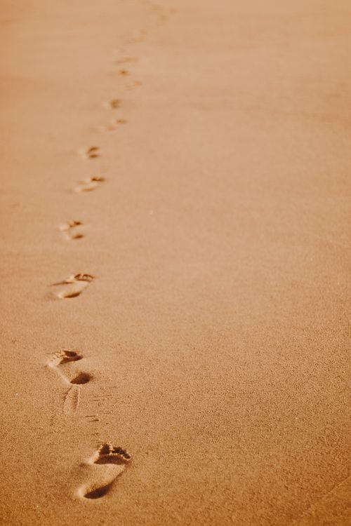 Free A row of footprints leading through a golden sandy beach in AN, España. Stock Photo