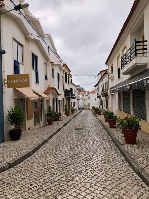 Free Discover the quaint cobblestone streets of Ericeira, Portugal, lined with potted plants and traditional buildings. Stock Photo
