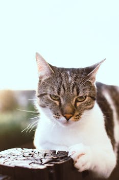 阳光下，迷人的虎斑猫放松身心，展现出可爱而平静的气质