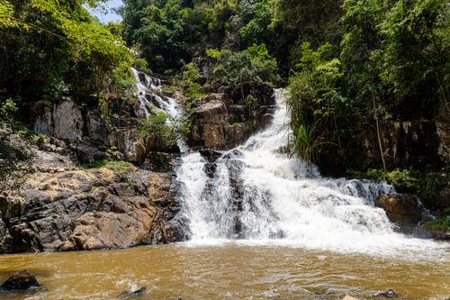 Free A beautiful waterfall cascading through rocks in a dense green forest. Stock Photo