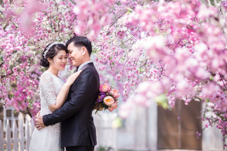 Bride and groom embrace amidst beautiful cherry blossoms, capturing love and romance.