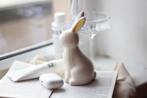 A white rabbit figurine sitting on a book