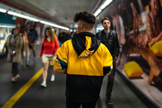 一名身穿亮黄色夹克的年轻人走过罗马繁忙的地铁站